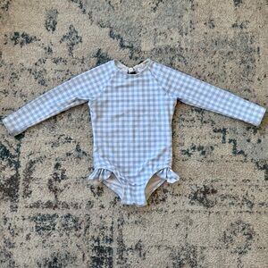 Minnow Blue and White Gingham Long Sleeve Swim Suit Rash Guard, Size 2-3T